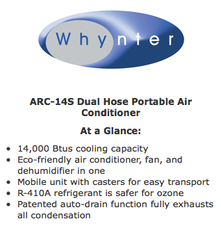 Whynter ARC-14S 14,000 BTU Dual Hose Portable Air Conditioner - quick specs overview